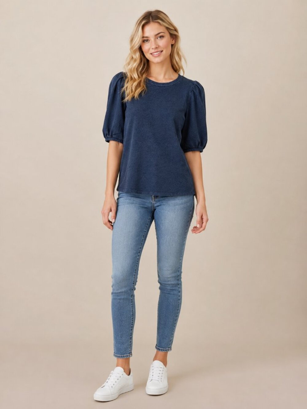 2/$30 NWT Chico's ZENERGY Puff Sleeve Knit Blouse Dark Indigo 4 #A4006